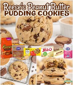 there is a collage of peanut butter pudding cookies