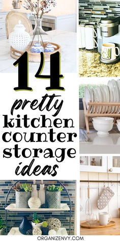 Collage of photos showing ways to organize kitchen essentials on counters Island Countertop Storage, Shelf On Countertop, How To Hide Things On Kitchen Counter, Kitchen Counter Ideas Organizing, Countertop Catch All, Organizing Kitchen Countertops Clutter, Counter Top Fruit Storage Ideas, Clean Kitchen Counter Decor, Kitchen Island Organization Countertops