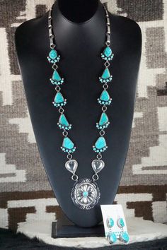 Western Sterling Silver Turquoise Necklace, Western Style Sterling Silver Turquoise Necklace, Southwestern Sterling Silver Turquoise Concho Necklace, Sterling Silver Turquoise Necklace With Concho, Southwestern Sterling Silver Concho Necklace, Sterling Necklace, Necklace And Earrings Set, Kingman Turquoise, Necklace And Earrings