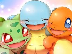 three different colored pokemons sitting next to each other