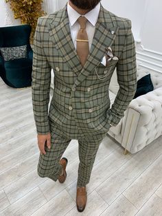 Vince Khaki Slim Fit Double Breasted Plaid Suit-baagr.myshopify.com-1-BOJONI Khaki Suit, Suit Man, Pants Gift, Suit For Men, Navy Blue Suit, Slim Fit Suit, Business Suit, Coat Pant