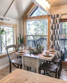 a dining room table and chairs in front of a window with the view of trees outside