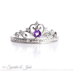 Sterling Silver Genuine Diamond And Round Amethyst Princess Tiara Crown Ring Heart Infinity Ring, Princess Crown Ring, Diamond Crown Ring, Crown Ring Princess, Purple Stuff, Crown Silver, Twig Engagement Ring, Diamond Princess, Love Knot Ring