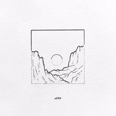 a black and white drawing of mountains with a sun in the sky over them,