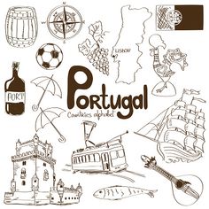 portugal hand drawn illustrations on white background, with the name and symbols in spanish language