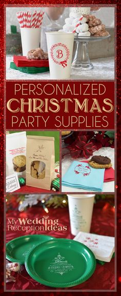 personalized christmas party supplies are displayed in red and green with the words, personalized christmas party supplies