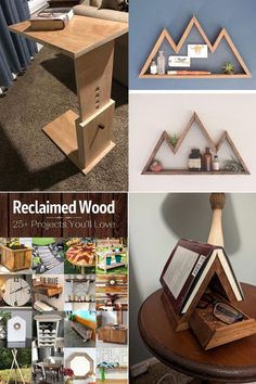 several different pictures of wooden shelves and furniture in various styles, sizes and colors with text overlay that says reclaimed wood