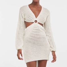 Beautiful Boho White Knit Crochet Dress By Bershka. Features Long Sleeves, Side Cutouts, O-Ring/Circle Crop Top Detail, V- Neck & Open Back. This Is The Perfect Sexy Boho Beach Look, Use As A Cover-Up Or Club Outfit. New With Tags Nwtperfect Condition- Brand New! This Dress Is Out Of Stock All The Time, Get It While You Can! Extremely Similar To Majorelle Olivia Crochet Mini Dress Retail Value Of $130 Pet Free & Smoke Free Homemake An Offer! Bershka Dresses, Resort Dresses, Crochet Mini Dress, Knitting Women, Cutout Dress, Cover Up Dress, Dress Pattern, Crochet Dress, Cream White