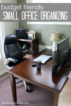 an office desk with a computer on it and the words budget friendly small office organizing