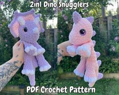 two pictures of a pink and purple crochet cat stuffed animal with the caption 2 in 1 dimo snugglers