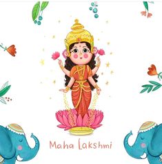 an illustration of the god maha laxshimi with two elephants and butterflies in the background