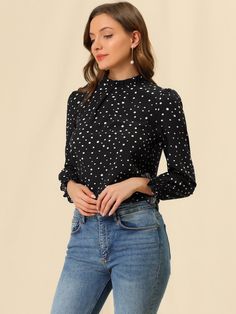 Shop Allegra K for Printed Ruffled Mock Neck Puff Long Sleeve Casual Blouse Top you are looking for, get more women's Blouses for yourself. Order now! Free Returns！ Vintage Print Blouse, Printed Blouses, Cuffed Top, Puff Long Sleeves, Women's Blouses, Polka Dot Blouse, Body Con Skirt, Black Dots, Womens Clothing Sizes