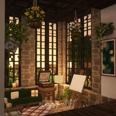 a living room filled with furniture and lots of windows next to a wooden table covered in plants