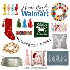 some christmas items and decorations are arranged on a white background with the words home finds from walmart