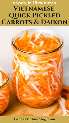 an image of carrots and onions in a jar with text overlay that reads ready in 15 minutes quick pickled carrots & onion