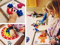 a collage of photos showing the process of making letters and numbers with felt beads