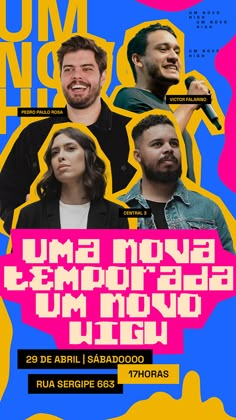 the poster for an upcoming show with two men and one woman in front of a colorful background