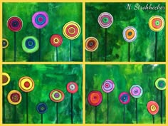 four paintings of colorful flowers on green paper