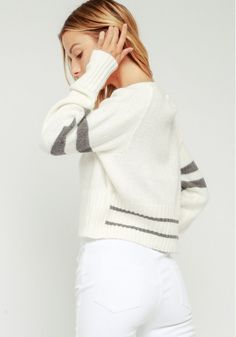 White and Grey Striped Sweater - Cropped Sweater - Cute Sweater | Bohopink White Crew Neck Crop Top For Winter, Winter White Crew Neck Crop Top, Fall Crew Neck Crop Top For Layering, Chic Crew Neck Crop Top For Fall, Casual Cropped Sweater With Ribbed Crew Neck, Fall Cropped Sweater With Ribbed Neckline, White Crew Neck Cropped Sweater, Fall Crew Neck Crop Top With Ribbed Cuffs, Trendy Crew Neck Crop Top For Fall