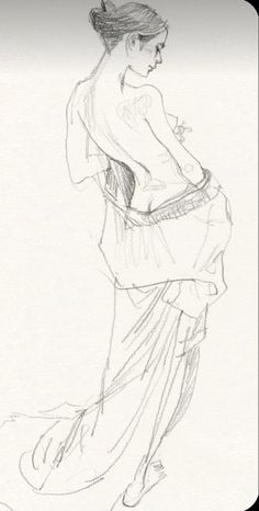 a drawing of a woman in a long dress with her back turned to the camera