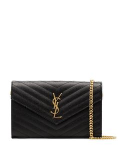 Shop black Saint Laurent Envelope chain crossbody bag with Express Delivery - Farfetch Sac Yves Saint Laurent, Crossbody Bag Black, Chain Wallet, Chain Crossbody Bag, Leather Cap, Saint Laurent Bag, Wallet Chain, Womens Purses, Quilted Leather