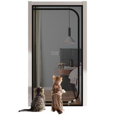 two cats looking at each other in front of a mirror with the reflection of them