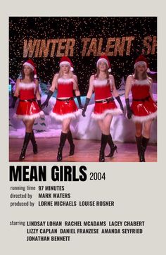 an advertisement for mean girls with three women dressed as santa clausees and one woman in red