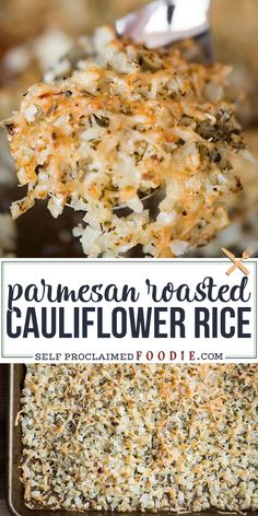 a casserole dish with parmesan and roasted cauliflower rice