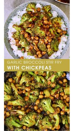 broccoli stir fry with chickpeas in a bowl on top of rice