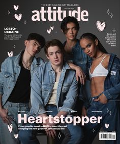 the cover of attitude magazine with four models in denim outfits and one is leaning on a stool