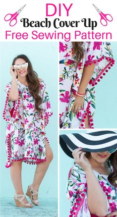 a woman wearing a dress and hat with the words beach cover - up free sewing pattern