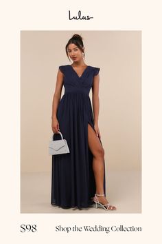 a woman in a long dress with the words shop the wedding collection on it's side