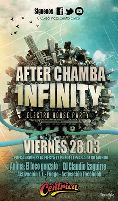 a flyer for an event with the words infinity on it and a cityscape