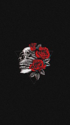 a skull with roses on its forehead in the middle of a black background and an inverted triangle