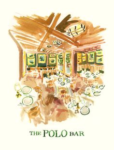 the polo bar is full of people eating and drinking at their own tables in this watercolor drawing