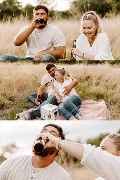 a man and woman are sitting on the ground drinking beer while two other people sit next to them