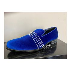 Aftermidnight 6787 Royal Silver Smoking Shoes With Spike Studs Party Dress Shoes Slip-on Closed Toe, Slip-on Closed Toe Party Dress Shoes, Party Slip-on Loafers With Round Toe, Party Loafers With Slip-on Fit And Round Toe, Slip-on Round Toe Loafers For Party, Slip-on Dress Shoes With Almond Toe For Party, Blue Slip-on Dress Shoes For Party, Blue Slip-on Synthetic Loafers, Blue Leather Party Dress Shoes