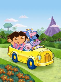 the cartoon dora is driving in his yellow car with her family on it's back