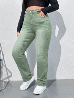 Plus Size Women's Straight Leg Loose Casual Denim Jeans With Pockets Army Green    Denim Plain Skinny High Stretch  Women Plus Clothing, size features are:Bust: ,Length: ,Sleeve Length: Green Jeans Plus Size, Womens Plus Size Light Olive Green Denim Pants Size 24w, Green Full Length Denim Jeans, High Waist Green Denim Jeans, Cheap High Rise Green Jeans, Green Full-length Jeans With Side Pockets, Green Non-stretch Straight Leg Jeans, Non-stretch Green Denim Jeans, Green Non-stretch Denim Jeans