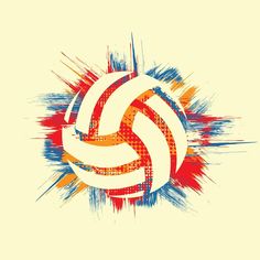 an abstract volleyball ball painted in red, orange and blue colors