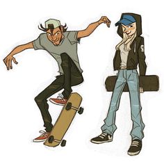 two cartoon characters one is skateboarding and the other is riding on a skateboard