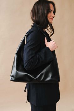 Marge sherwood large hobo bag in glossy black leather.    h4.25" x w10" x d2.5". total height 12". Marge Sherwood, France Dress, Japan Shopping, Large Hobo Bag, Denim Jacket With Dress, Womens Designer Bags, Black Butterfly, Engineered Garments, Lifestyle Shop