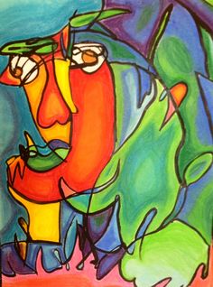 a painting of a man with green leaves