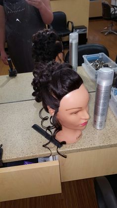 Cosmetology Updos, Cosmetology Mannequin Hairstyles, Master Cosmetologist, Cosmetology School Aesthetic Hair, Cosmotologist Aesthetic, Mannequin Updo Cosmetology