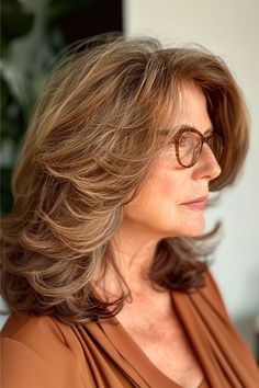 Feathered Layers with Side Bangs Hairstyle for Women Over 40 with Glasses. Feathered Layers With Bangs, Feathered Butterfly Haircut, Face Framing Layers Side Part, Butterfly Bob, Long Bob Haircut With Layers, Medium Layers, Bangs With Layers, Feathered Layers, Haircuts For Medium Length Hair