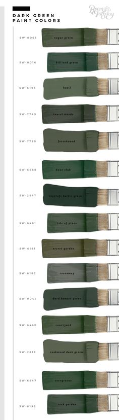 the different shades of paint brush in each color, from dark to light green and white