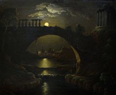 a painting of a bridge over a river at night