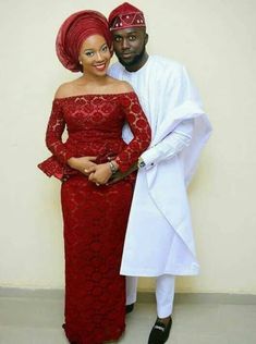 This beautiful complete set of African Aso Oke outfits for couple ( Bride & Groom). Mostly used for weddings. It's made with lace for female with Aso oke head gear and cotton fabric for male with embellished cap. It is made with Love.  This complete set comes with: Women: Autogele or Gele (Headgear or Headtie) Buba & Iro ( Blouse & Wrapper) Men complete set Agbada (Aso oke fabric Shirt and pant (Aso Oke) Fila (Men Cap) Best fit for African traditional marriage and also for special events It is a Nigerian Wedding Dress, Nigerian Lace Styles, African Wedding Attire, African Lace Styles, Lace Gown Styles, Afrikaanse Mode, Lace Dress Styles, African Wedding Dress, Nigerian Lace