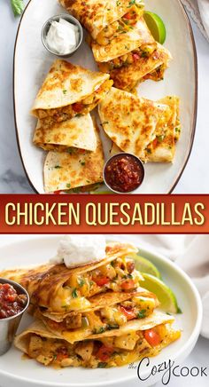 chicken quesadillas on a plate with salsa and sour cream