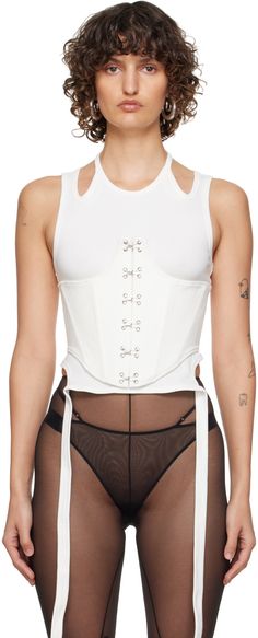 Stretch cotton-blend bonded jersey corset. Boning throughout. · Hook-eye closure · Full bonded jersey lining Supplier color: Ivory Jersey Corset, Corset Design, White Leather Corset, Luxury Fitted White Corset, White Overbust Fitted Corset, White Corset Waist Belt, Dion Lee Corset, Corset Layering, Dion Lee White Top